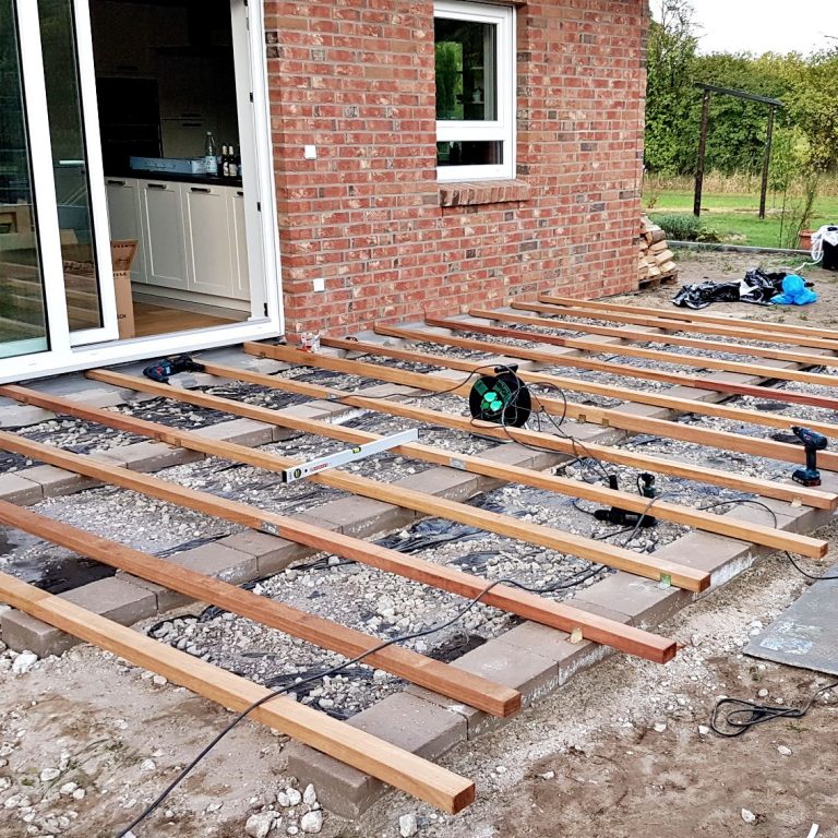 Das Fundament der Unterkonstruktion einer Holzterrasse