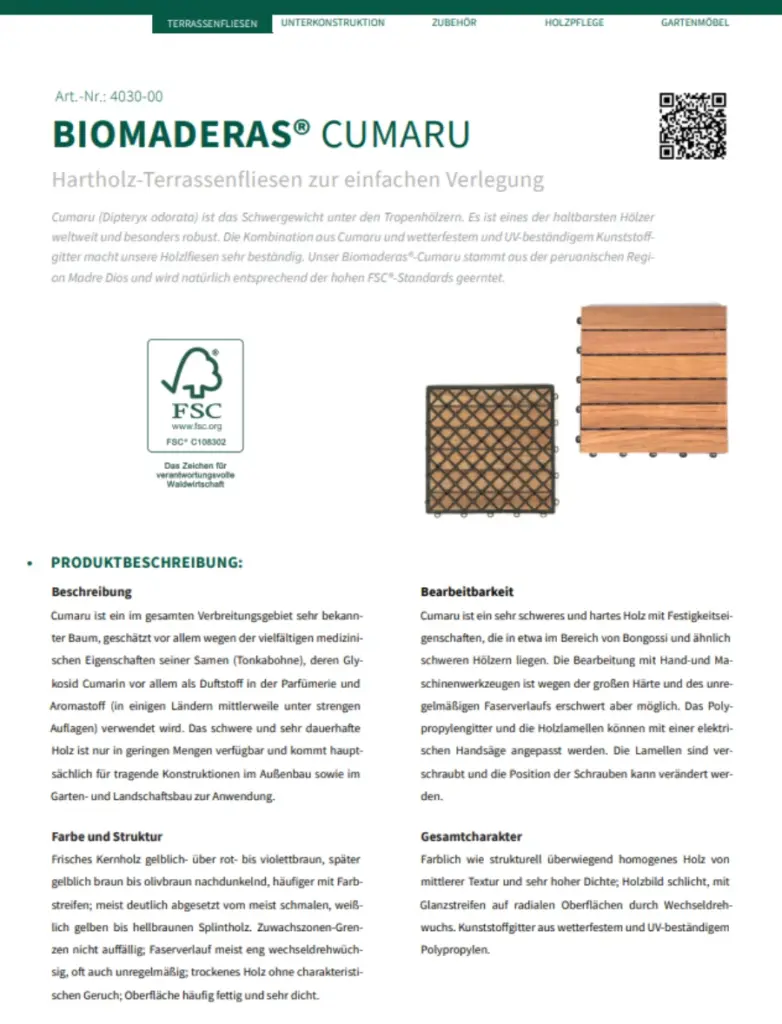 Datenblatt Terrassenfliesen Cumaru
