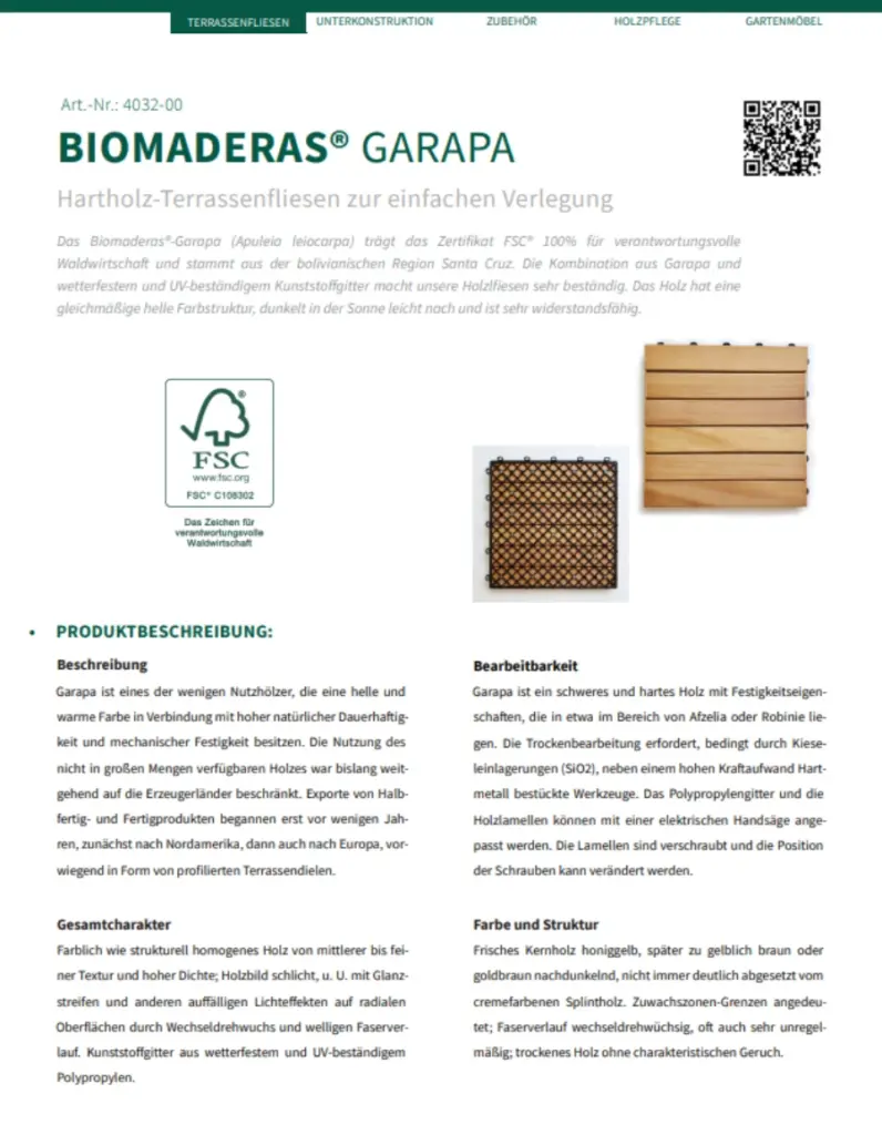 Datenblatt Terrassenfliesen Garapa